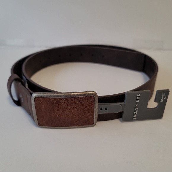 Sun + Stone Mens Large 38-40 Brown Bonded Leather with Plaque Buckle Belt - Picture 2 of 5